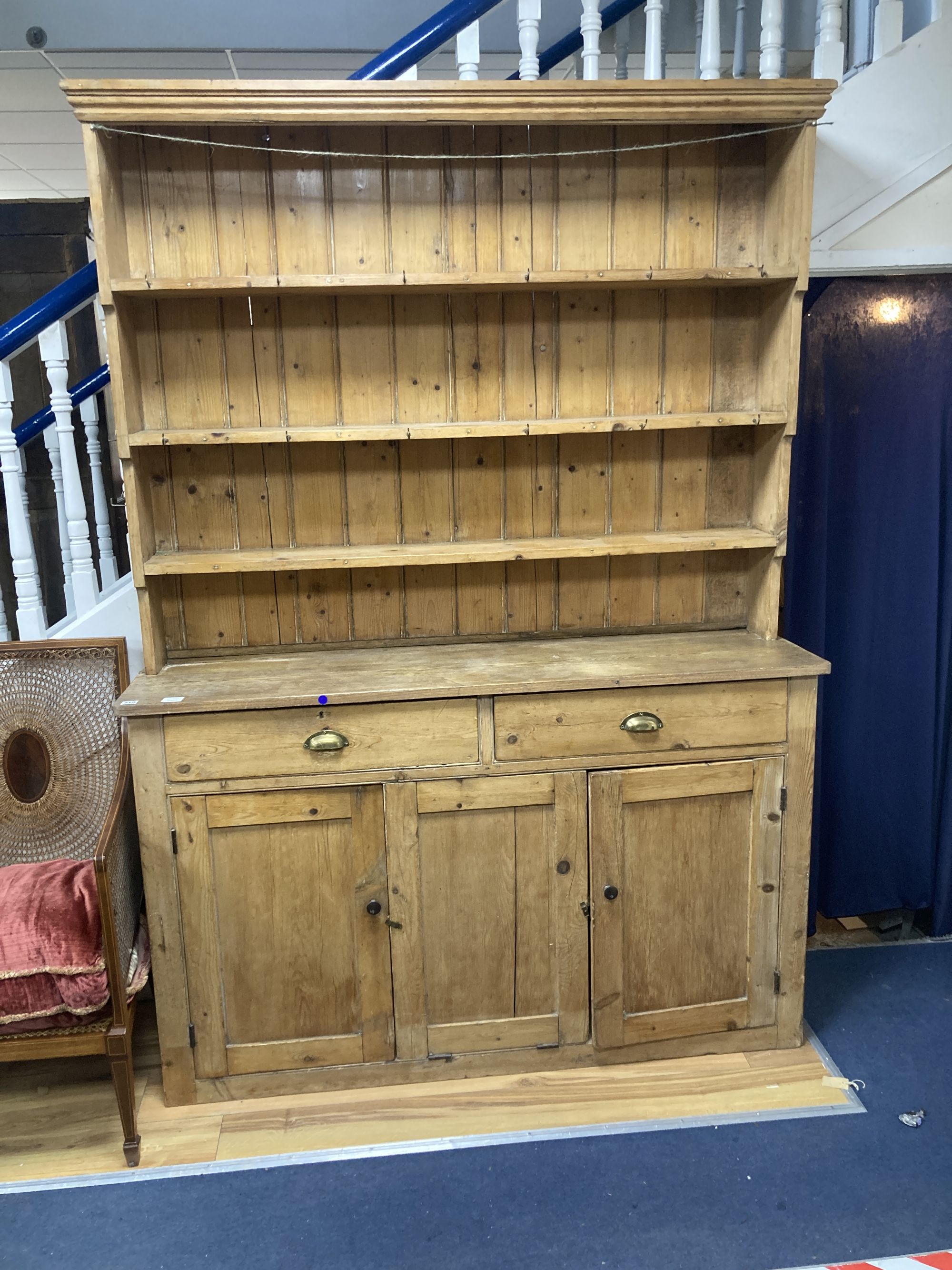 A Victorian pine dresser and rack, length 152cm, depth 42cm, height 212cm